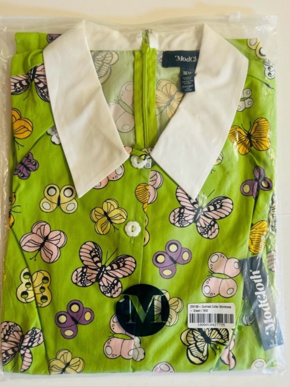 NWT Modcloth Green Butterfly-Print Short Sleeve Mini Dress with White Collar.16W - Picture 9 of 9